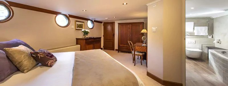 Spacious suites and bathrooms on the hotel barge