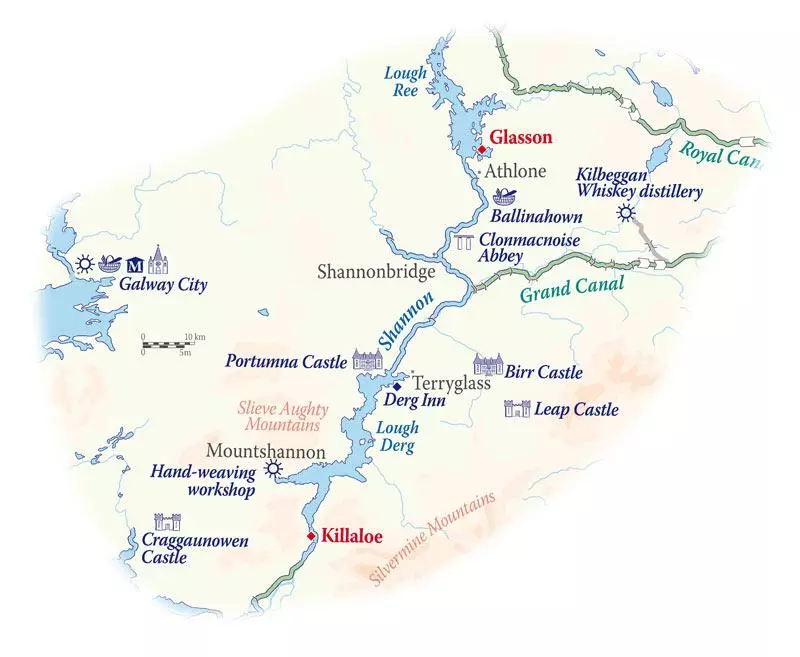 Glasson to Killaloe on the river Shannon cruise map