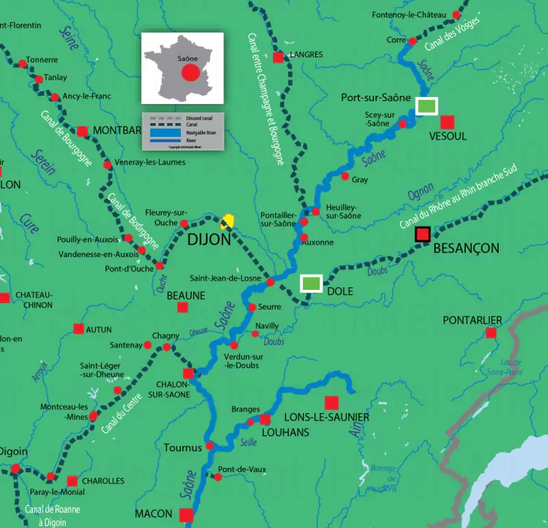 Saone navigation routes and waterways map