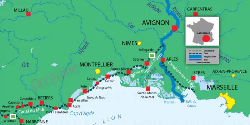 Camargue navigation routes and waterways map