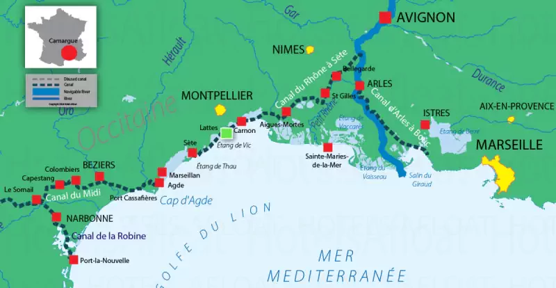 Camargue navigation routes and waterways map
