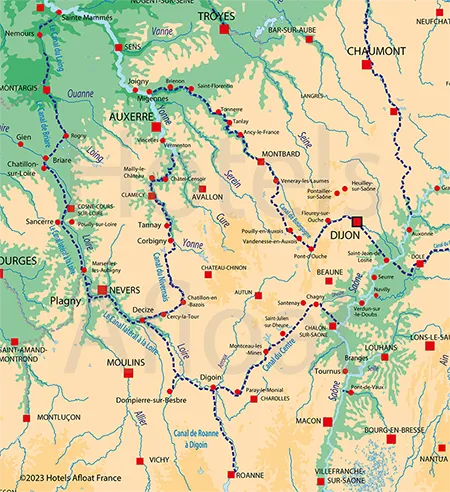 Canal and river map for Burgundy and central France
