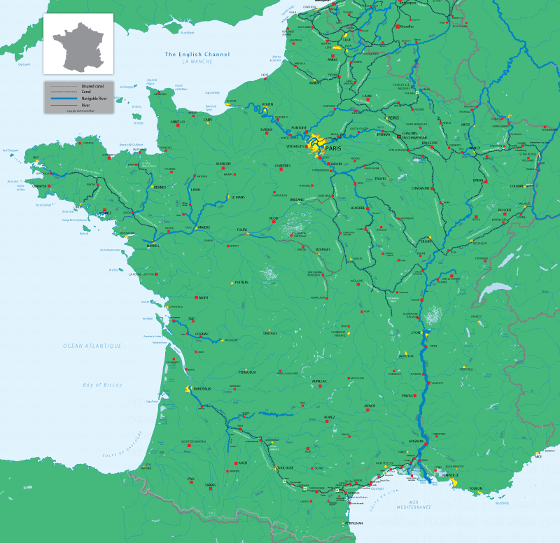 Map of the main navigable canal and river waterways in France
