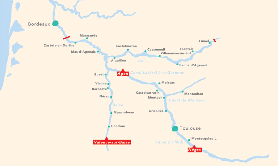 Locaboat cruise routes for Aquitaine