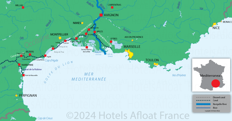 Canal and river map for the Mediterranean Sea
